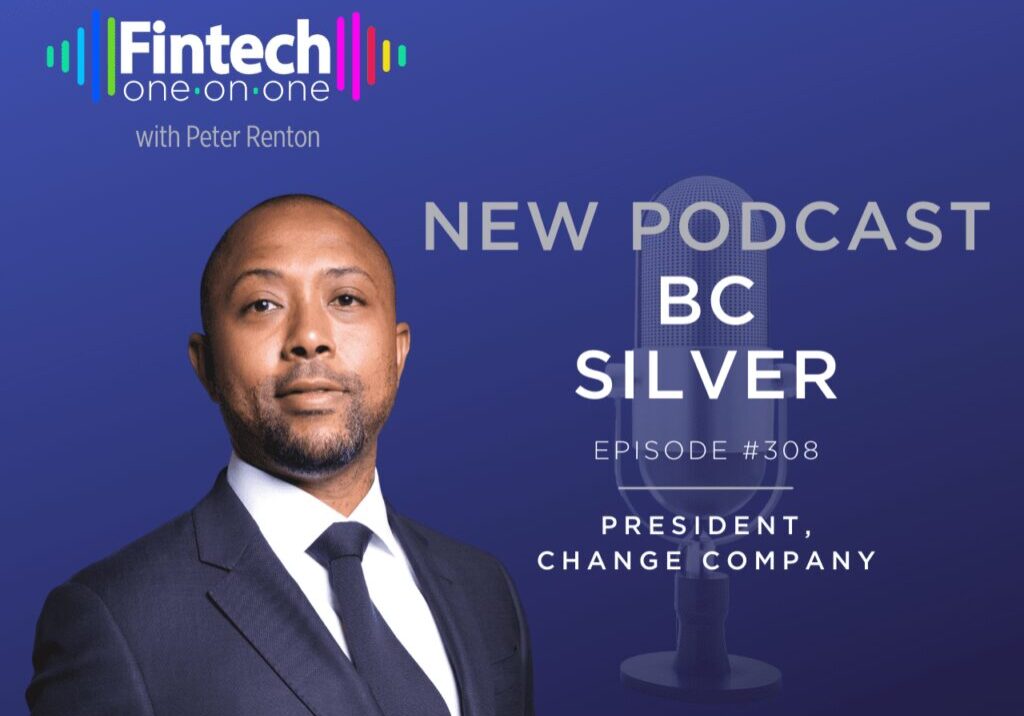 Professional man in suit promotes new Fintech podcast episode.