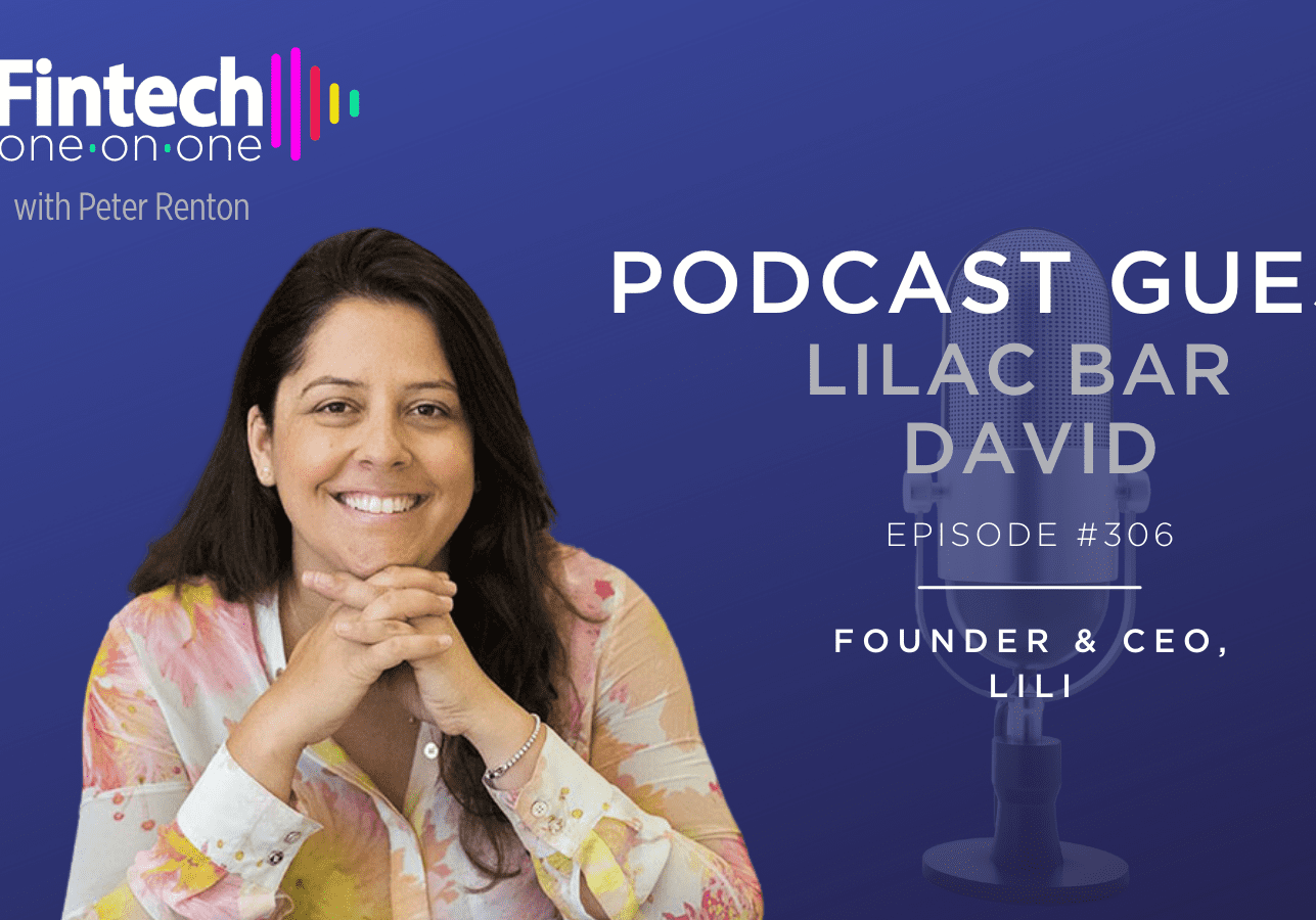 Woman smiling in a podcast promotional image with purple background.