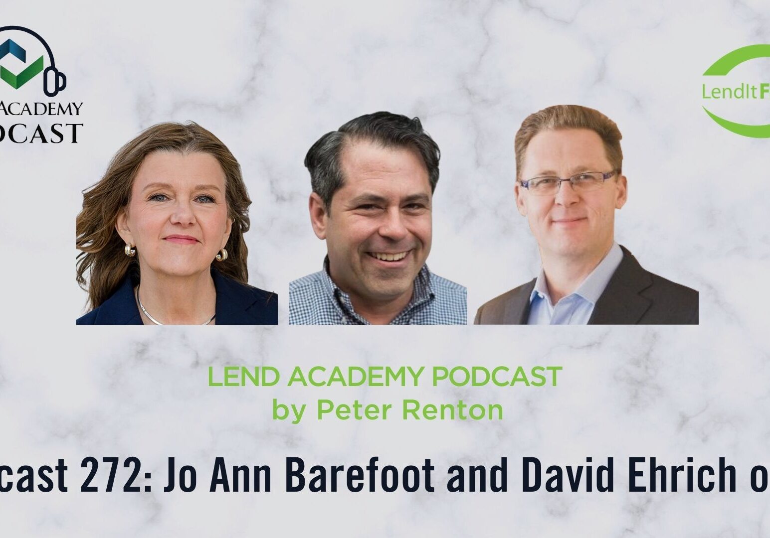 Three professionals smiling in a podcast promotional image.